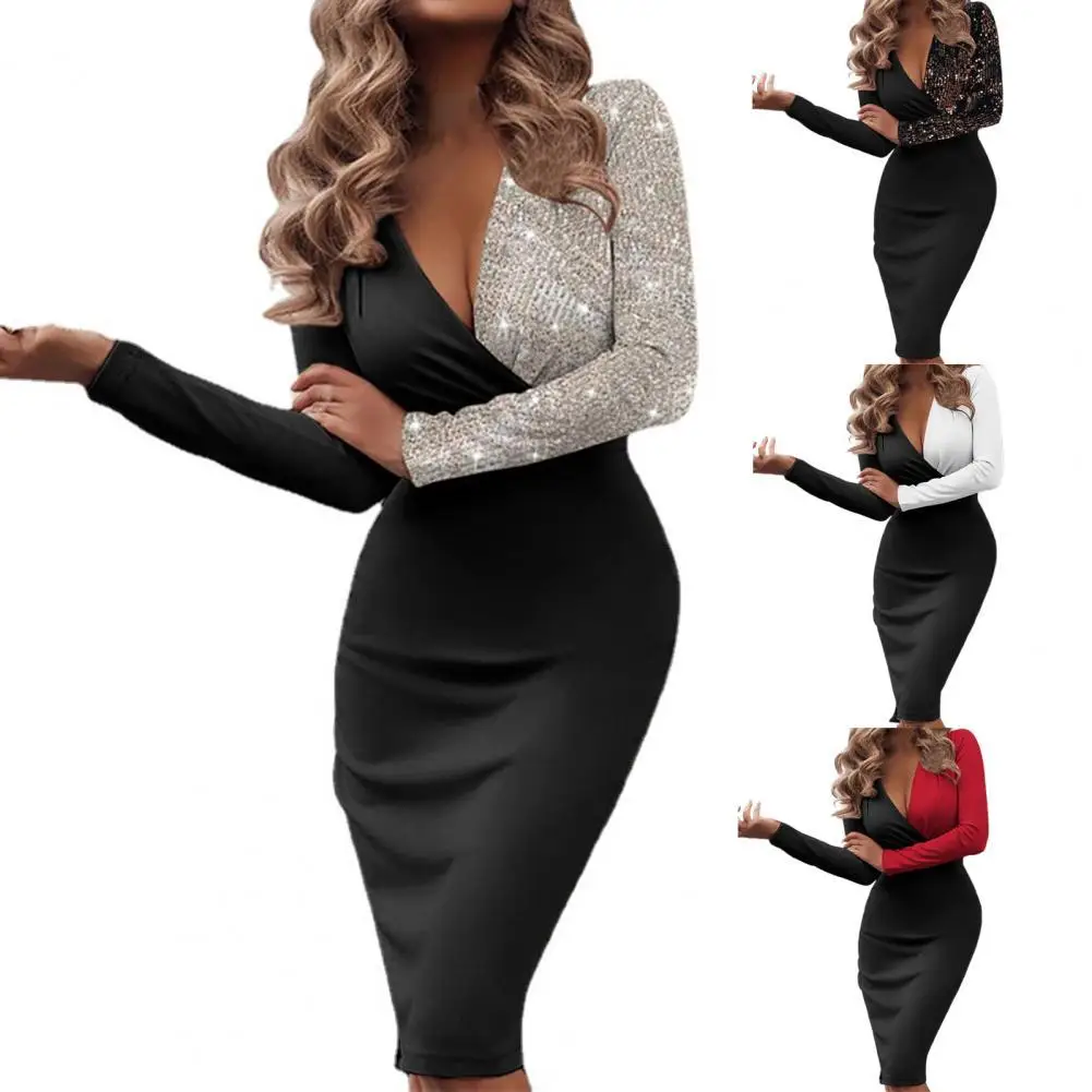 

Dress for Club Party Dress Slim Sequins Lady Contrast Colors V Neck for Club