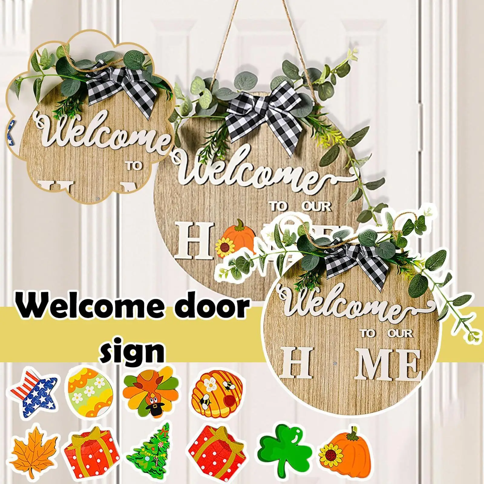 

Interchangeable Seasonal Welcome Sign Front Door Decoration Rustic Round Wood Wreaths Farmhouse Front Porch Wall Hanging Decor