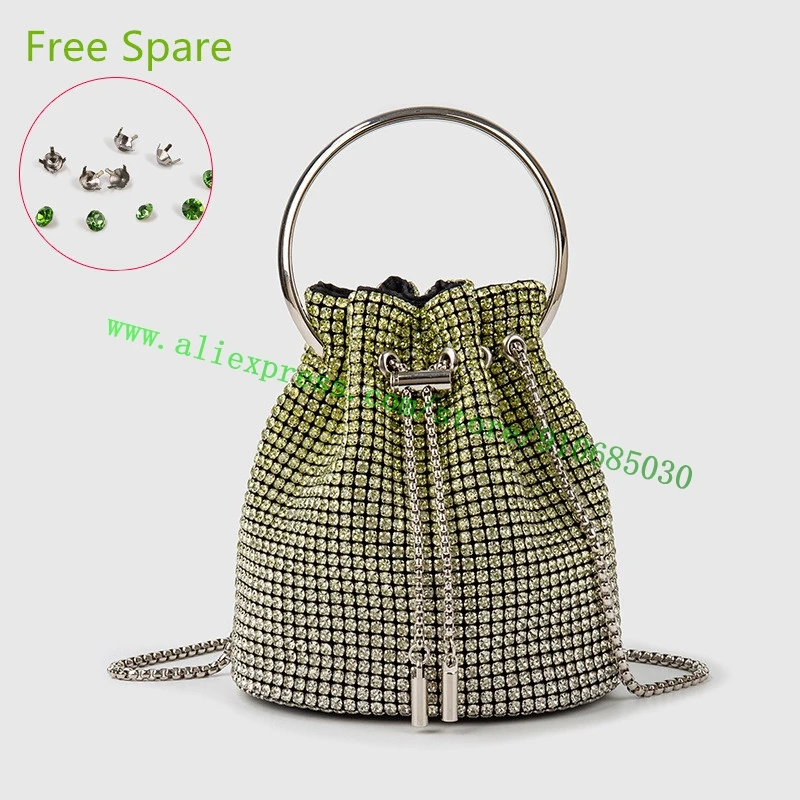 

Gradient Color Sparkle Rhinestone Lady Handbag Diamond Studded Women Drawstring Shoulder Bucket Bag Lady Metal Chain Purse