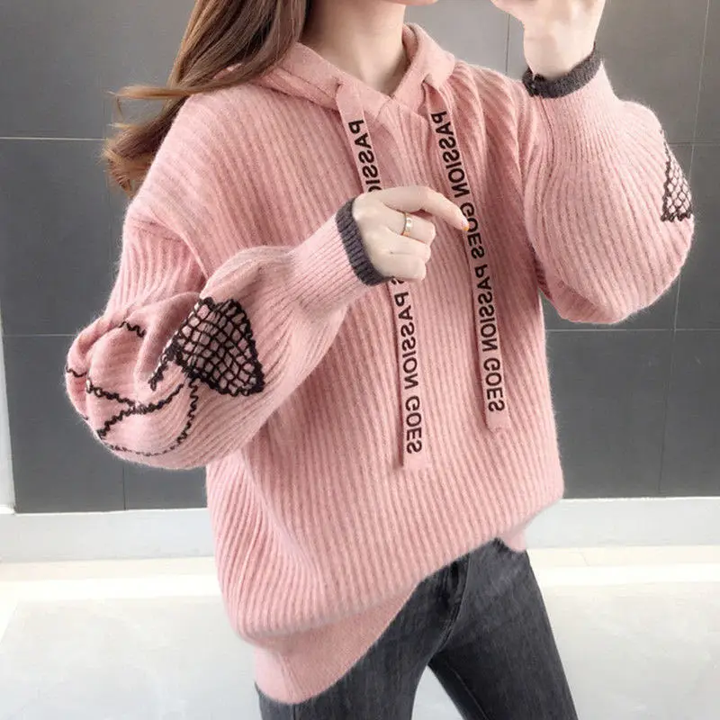 

Women Autumn Winter New Korean Version of Loose Lantern Sleeve Sweaters Jacquard Hooded Pullover Sweater Female 2021 Embroidery