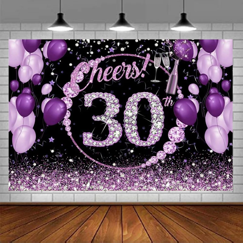 

Cheers To 30th Birthday Photography Backdrop For Women Purple Silver Diamonds Thirty Background Balloons High Heel Champagne