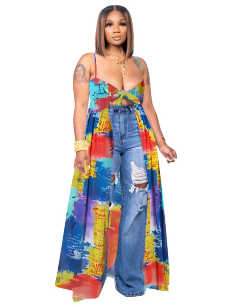 

Summer Maxi Dress Women Spaghetti Strap Lace Up V Neck Robes Summer New Fashion New Tie Dye Print Streetwear Long Dress Vestidos