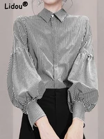 polo neck elegant fashion office lady single breasted striped shirt nwe summer 2022 long sleeve temperament womens clothing