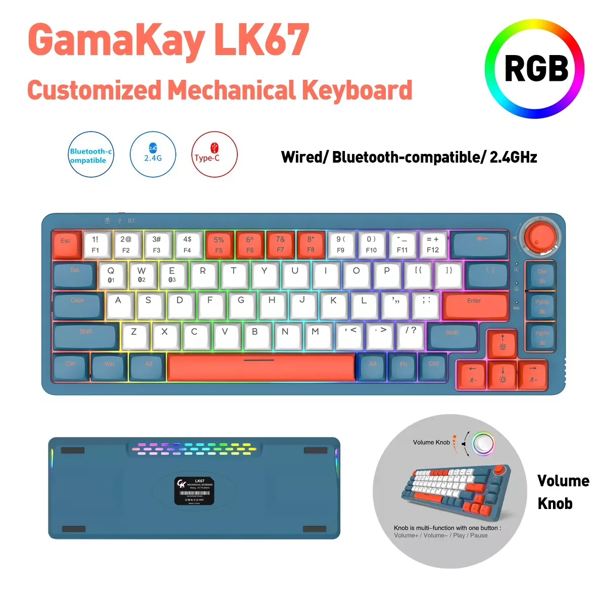 

GamaKay LK67 Customized Mechanical Keyboard Hot Swap Wired/ Bluetooth-compatible/ 2.4GHz 67 Keys RGB Gateron Switch Programmable