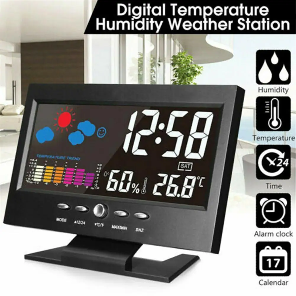 

5-in-1 LED Digital Alarm Clock Calendar Weather Display Thermometer Humidity Monitor Desktop Clock With Snooze Functions
