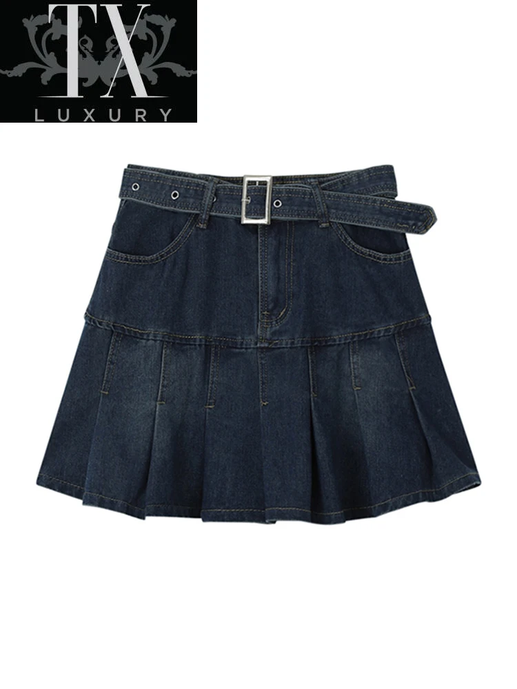 

Y2k High Waist Denim Mini Pleated With Belt Women Summer Fashion Retro A Line Skirt Korean Ins Female Casual Skirts