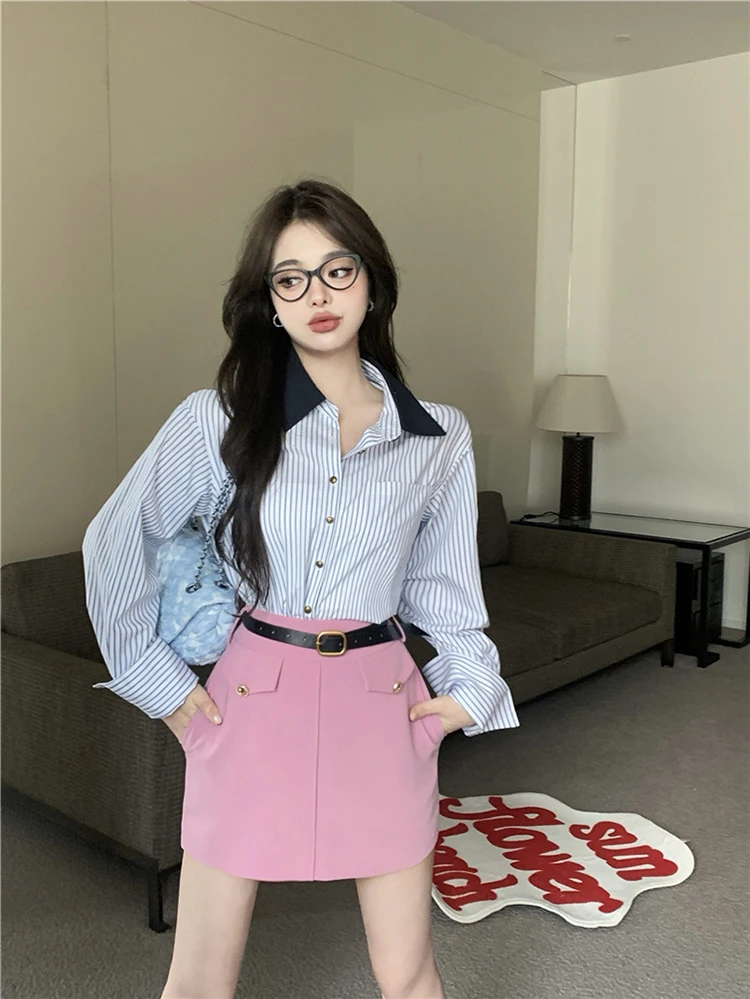 

GWW1731 2022 new suit double breasted sweet and cool hot girl suit coat+striped shirt+pink skirt for women in autumn