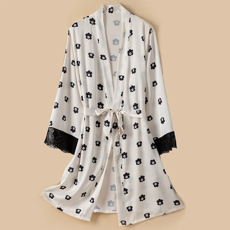 Long Sleeve Lace Women Robe Nightgown Sleep Dress V Neck Printing Kimono Sleep Dress Ice Silk Loose Lounge Home Clothes