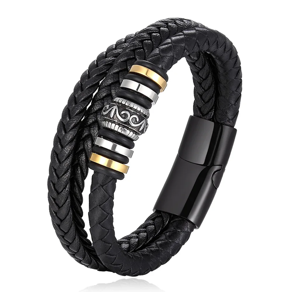 

Fashion Ethnic Style Stainless Steel Bracelet Men's Multi-Layer Braided Leather Rope Casual Magnetic Clasp Bracelet Jewelry Gift