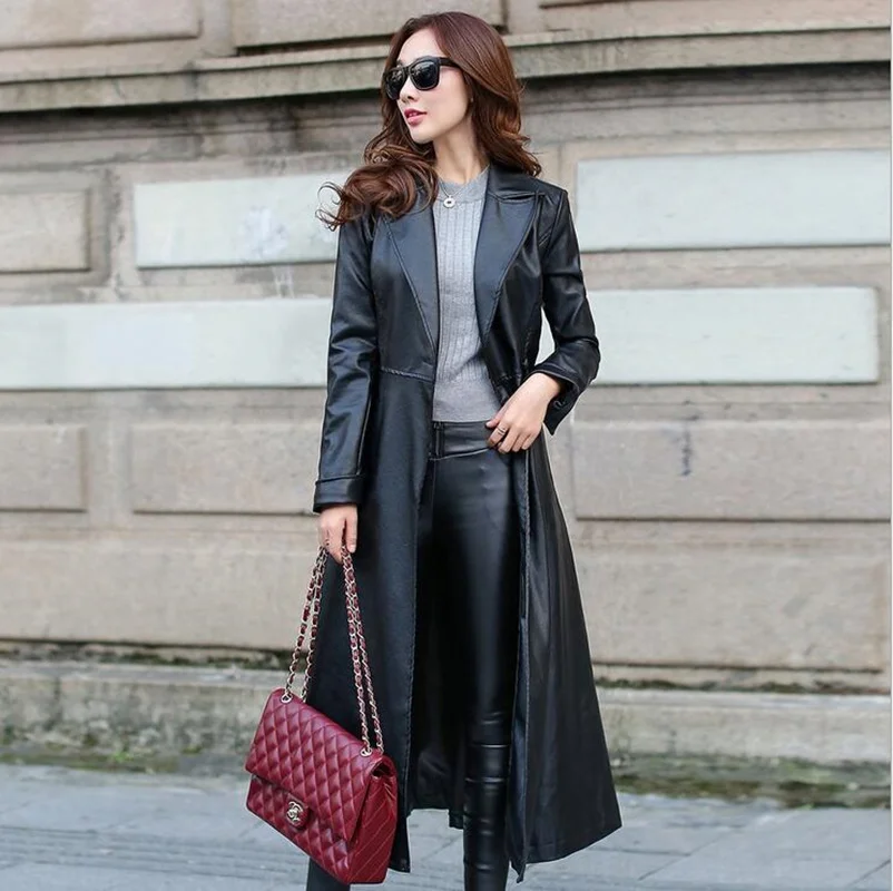 

Fashion New PU Leather Women's Autumn Windbreaker Slim Temperament Warm X long Jacket Trenchcoat black/red