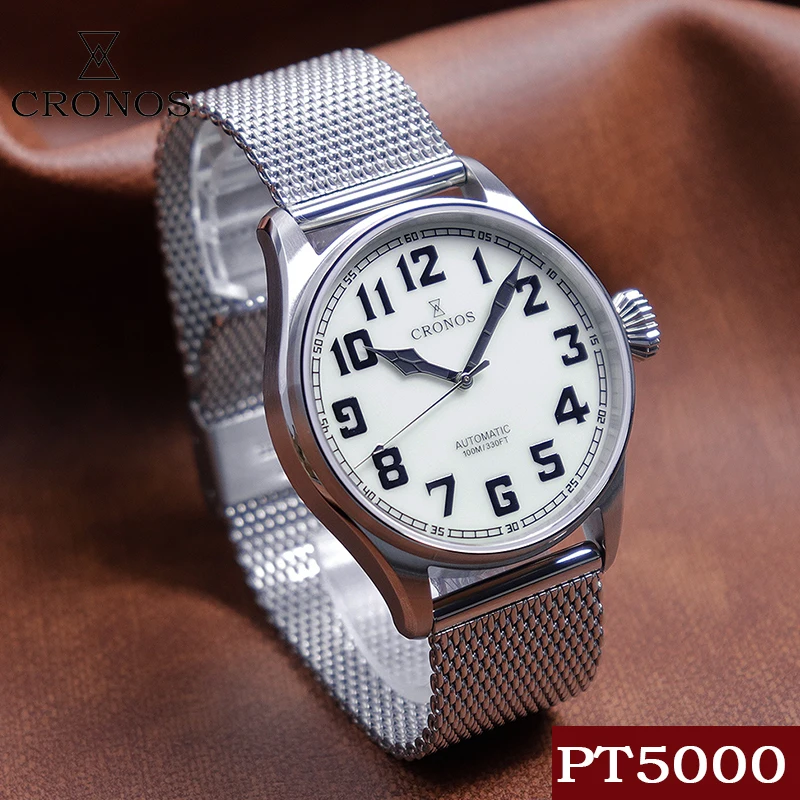 

Cronos Flieger Pilot Men's Mechanical Watch 100M Luminous Sapphire Crystal Diver Watch Hollow Back Mesh Strap Automatic Watch