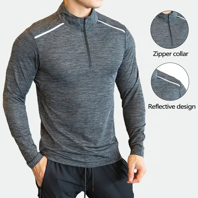 Quick Dry Polyester Shirt Tight Long Sleeve Sports T-shirts Quarter Zip Sweatshirt Mens Sports T shirt with Reflective Stripe