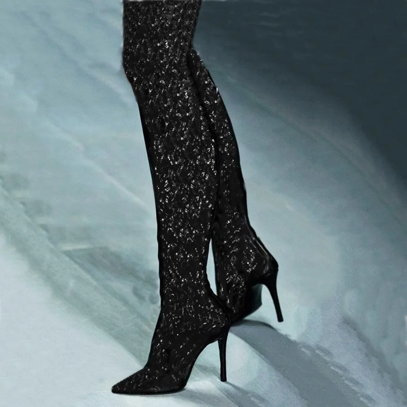 

sexy lace thigh high boots women dance shoes zip over the knee boots square toe thick high heels plus size black lace long boots