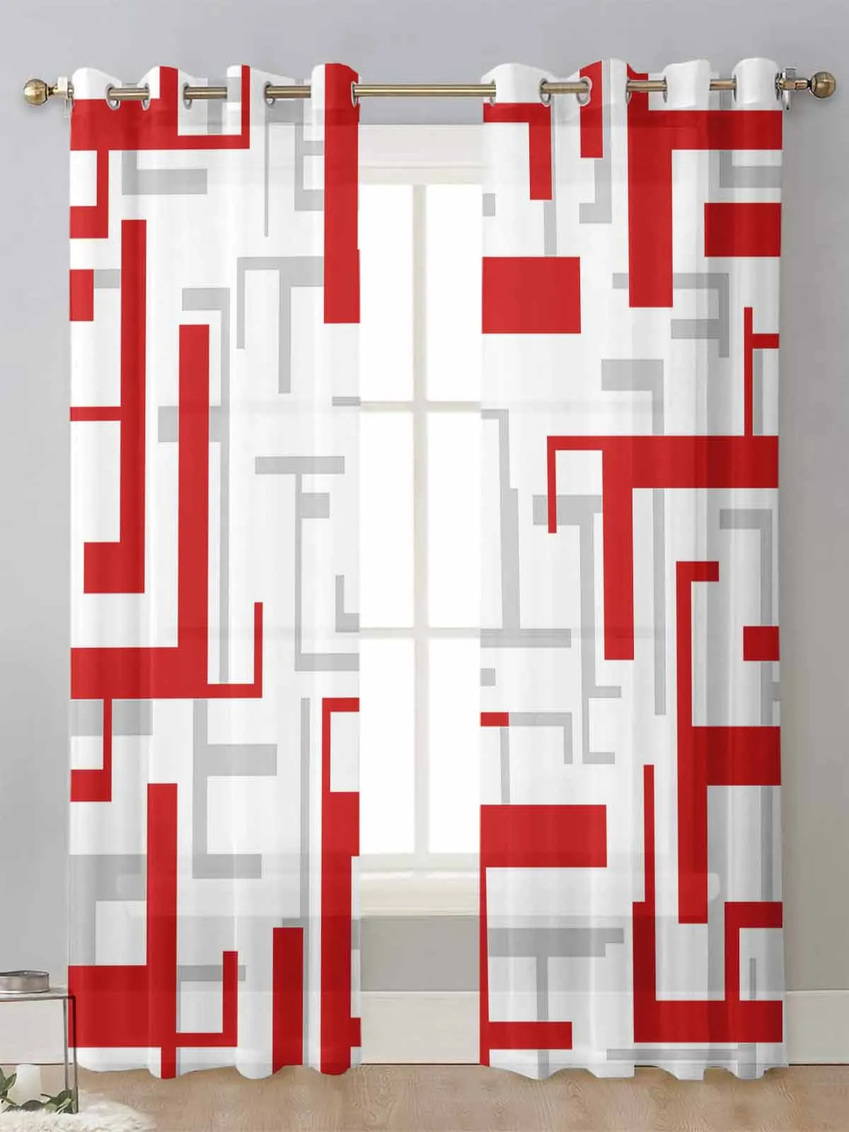 

Modern Art Geometry Red Grey Sheer Curtains For Living Room Window Transparent Voile Tulle Curtain Cortinas Drapes Home Decor