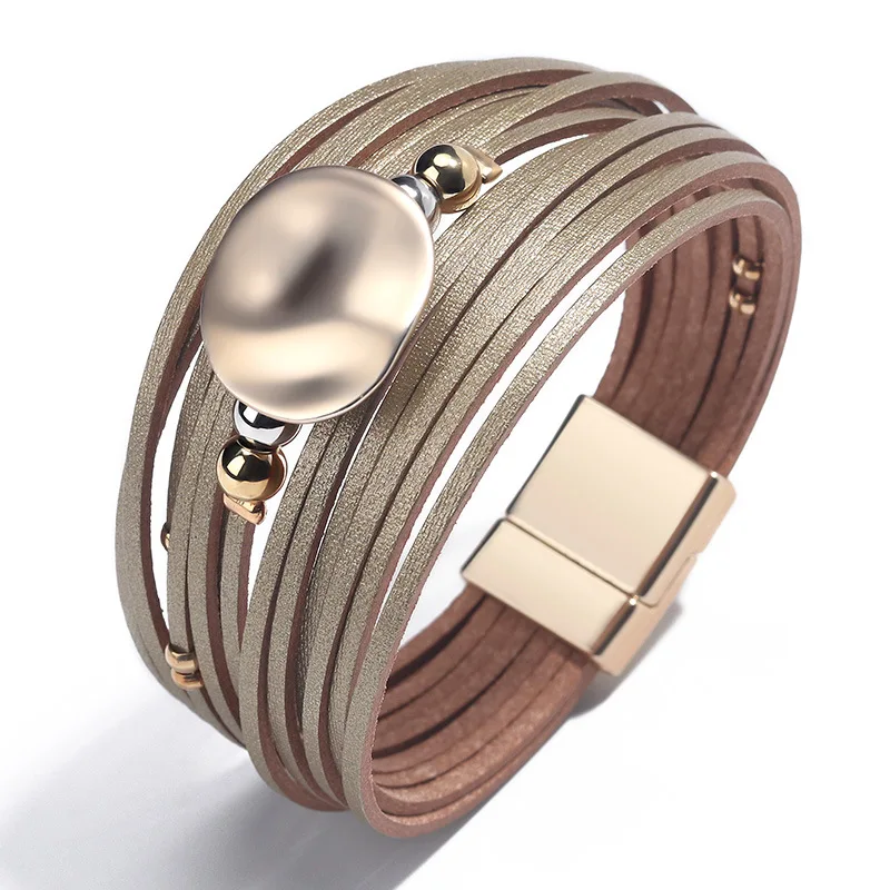 Classic Fashion Cross Border Multi-Layer Leather Women's Woven Bracelet Bangle Handmade Magnetic Oval Luxury Ornament