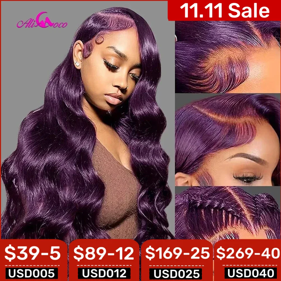 Темно-фиолетовые волнистые передние парики на сетке 13x4 человеческие волосы