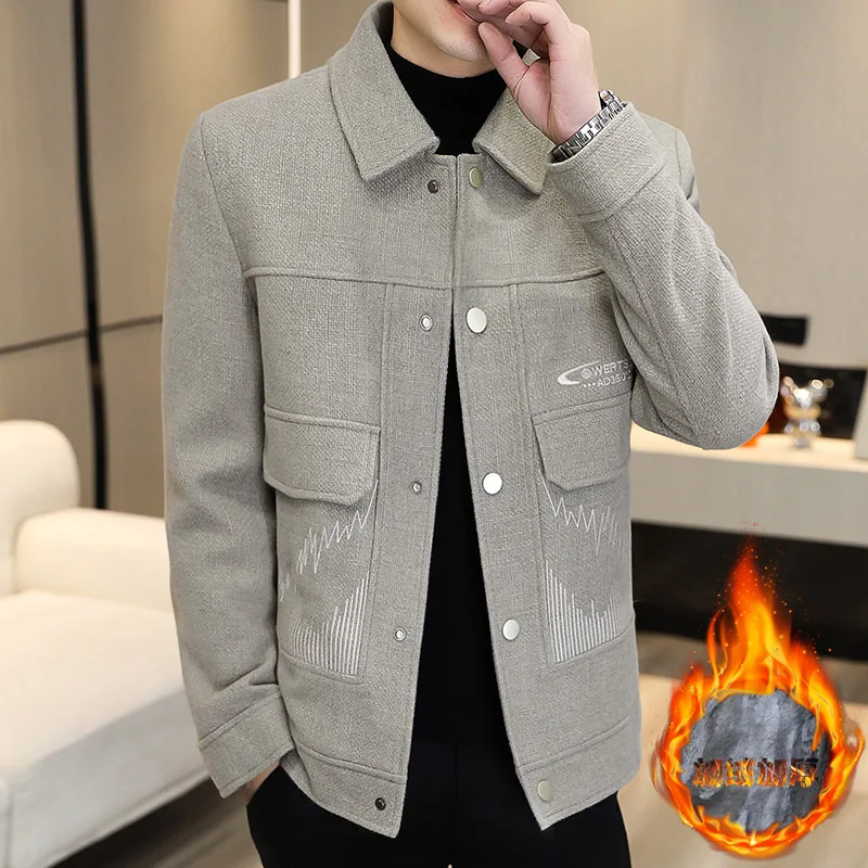 High Quality Embroidery Wool Blends Jacket Men Plush Thicken Casual Business Trench Coat Social Streetwear Overcoat Men Clothing