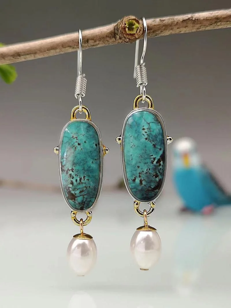 

Retro Ethnic Style Two Tone Drop-shaped Pearl Dangle Earring for Women Vintage Jewelry Imitation Green Earrings