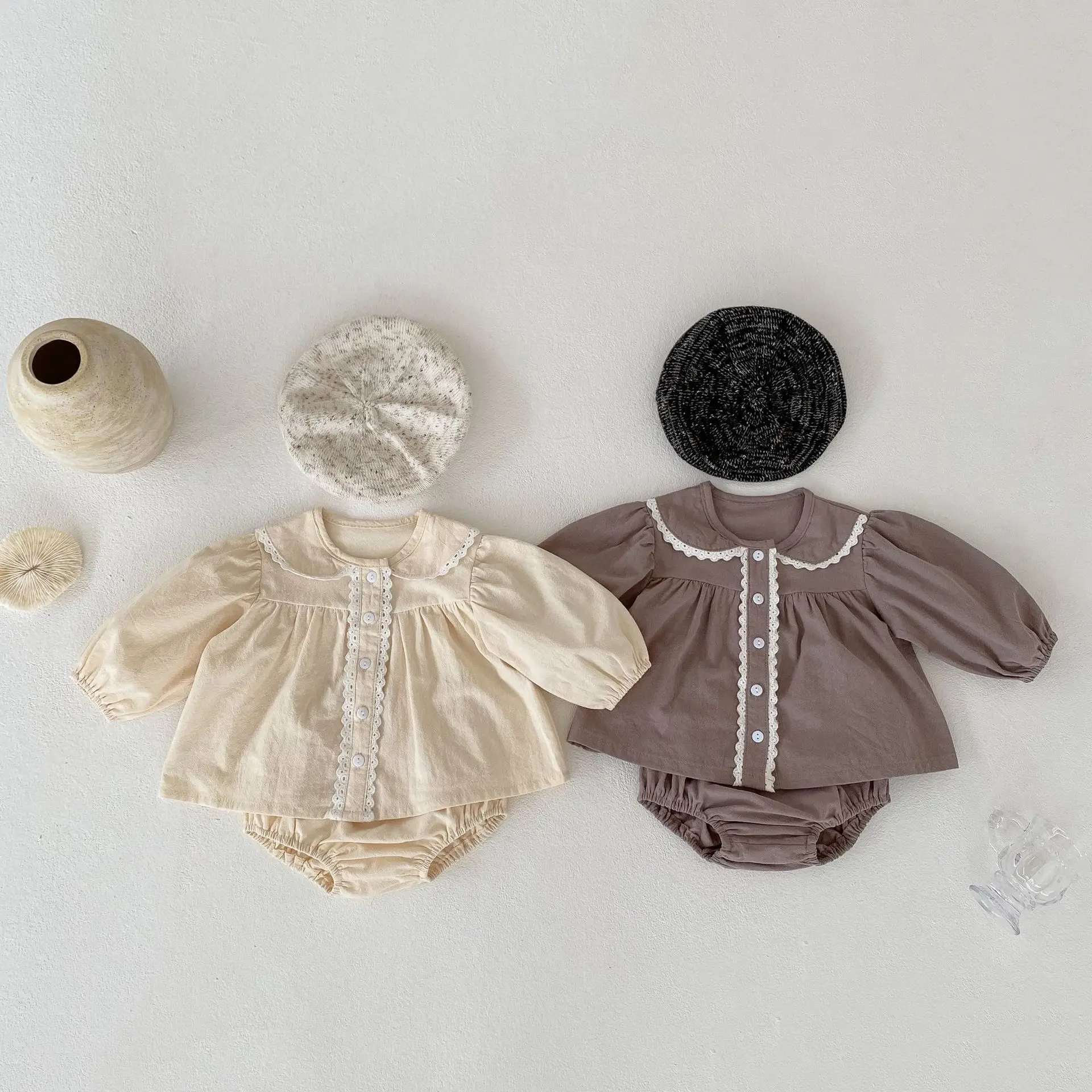 

Girl Fashion Sweet Peter Pan Collar Single Breasted Thin Long Sleeves Tops And Loose Cotton Shorts Set Baby Girls Autumn Suit