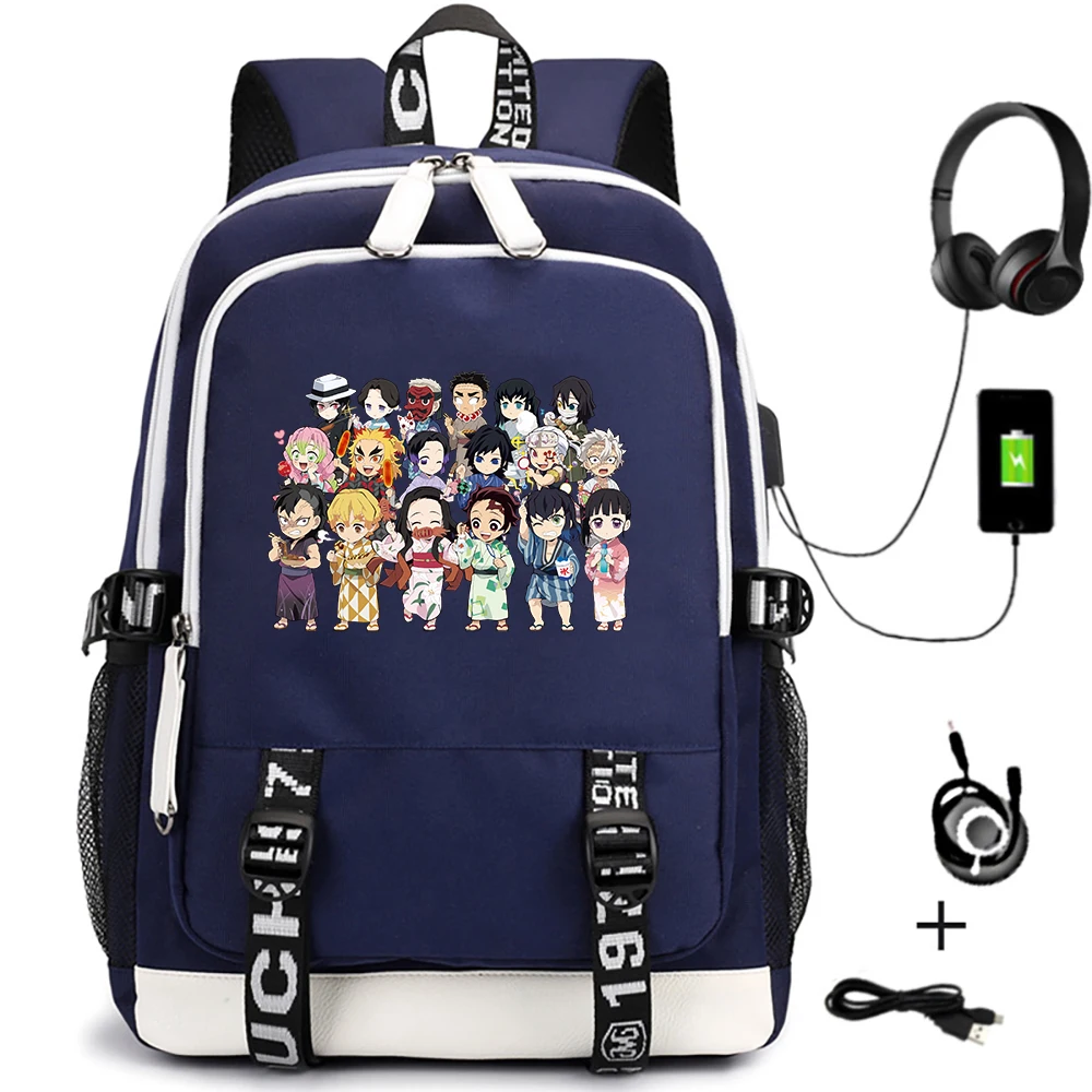 

Demon Slayer Kimetsu No Yaiba Canvas Backpack USB Charging Knapsack Student Zipper Cartoon Schoolbag Teenager Travel Laptop Bag