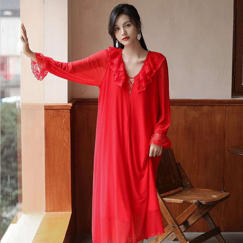 Red Collection Benmingnian Nightgown Women's Sexy Nightdress Spring Autumn Mesh Modal Sleepwear 2Pcs Set Homewear Lounge Set