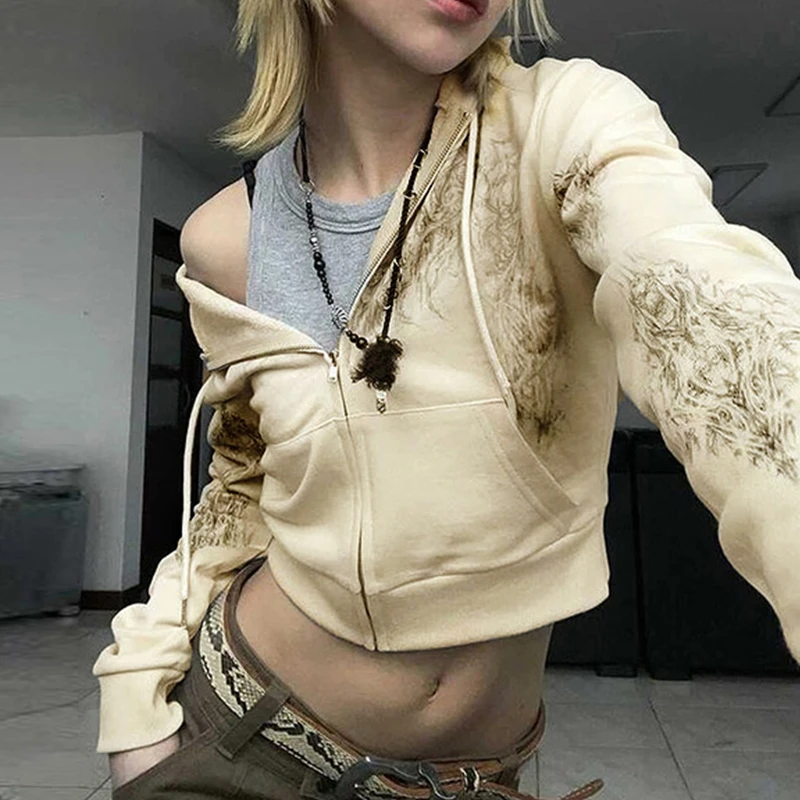 

Women Hoodies Tops Outwear Vintage Fashion Wings Printed Cropped Coats Long Sleeve Zipper Hooded Sweatshirts Female Fall Spring