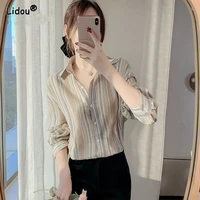 single breasted polo neck striped fashion woman blouses 2022 office lady womens clothing thin cotton slim spring autumn shirts