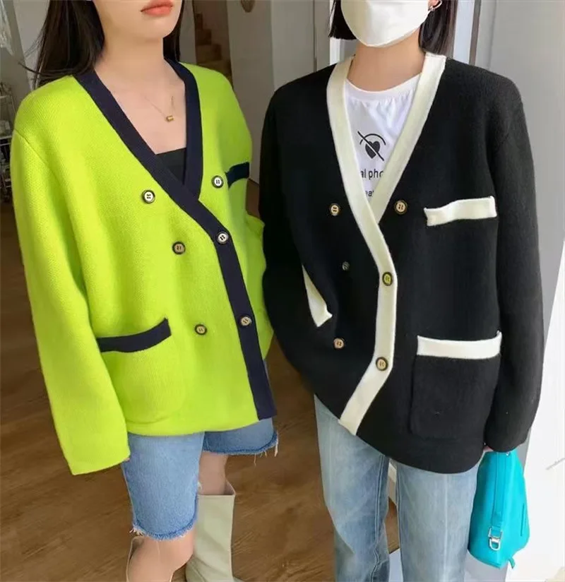 

New Women Girl Fall Winter Cardigans Full Sleeve Knitted Sweaters V Neck Knitwear Green Oversized Jacket Loose Cardigans Tops