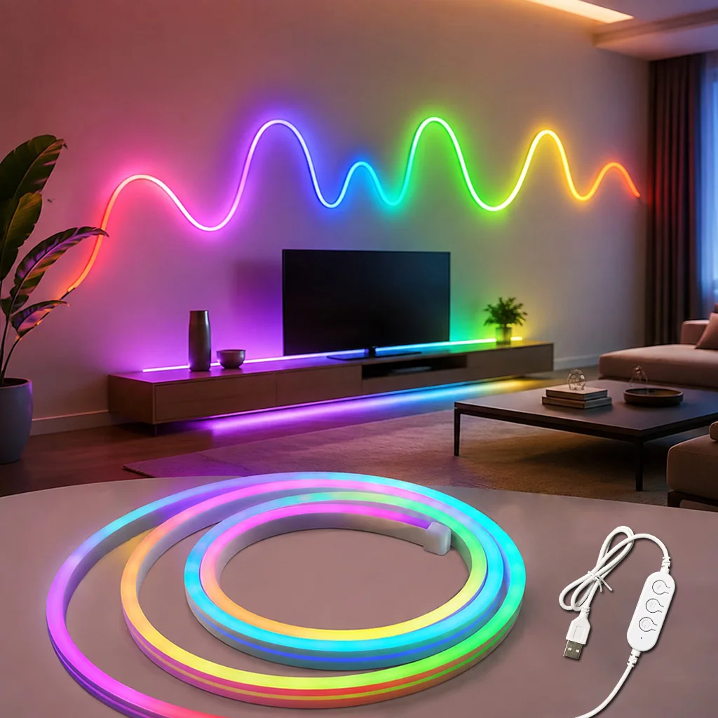 Фото Неоновая светодиодная лента RGB длиной 1/2/3/4/5 м с управлением через приложение, 5В, синхронизация с музыкой, водонепроницаемая светодиодная лента для декора спальни и вечеринок. №1