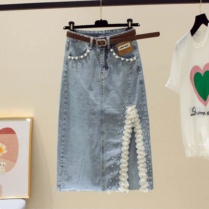 Женская джинсовая юбка до колен с разрезом уличная одежда в стиле Харадзюку лето