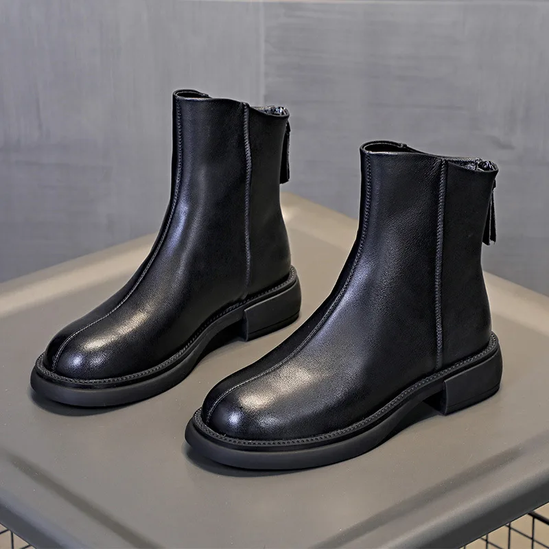 Brand Women Autumn Boots 2023 New Ankle Boots Woman Fashion British Retro Women Short Boots Rear Zipper Leather Boots Ladies