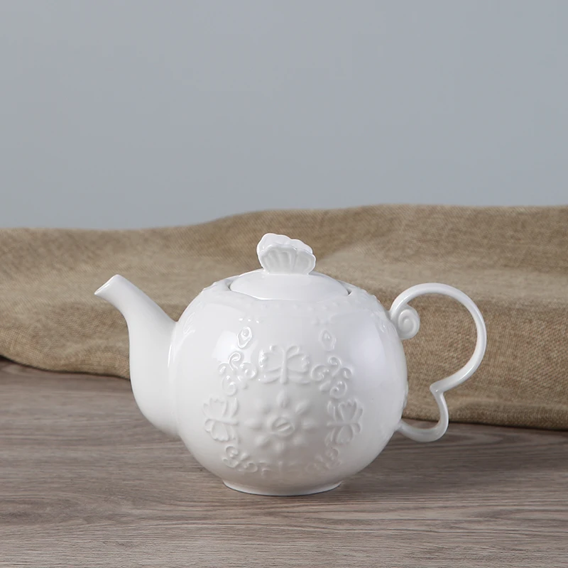 

Кофейник с тиснением кружева в европейском стиле с ручкой, чисто белый классический дневной чайник, Suger Pot TC138