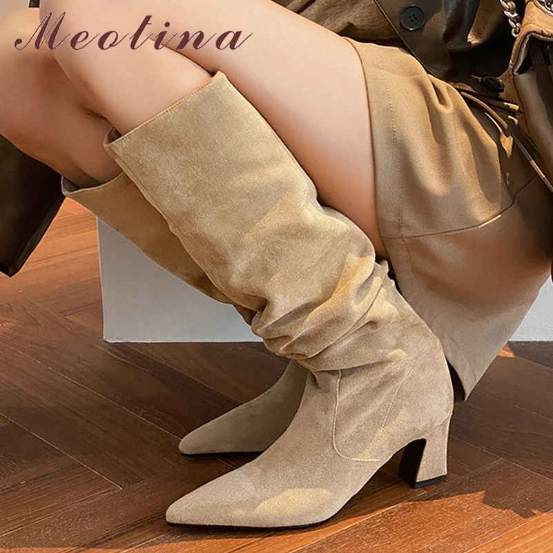 

Meotina Women Knee High Boots Round Toe Chunky High Heel Pleated Ladies Fashion Long Boot Autumn Winter Shoes Apricot Black