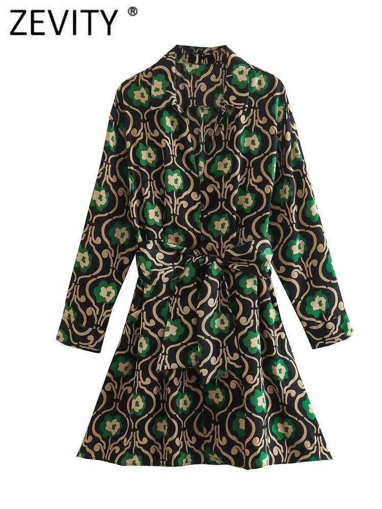 

Zevity New Women Vintage Flower Print Bow Tied Sashes Mini Shirt Dress Female Chic Nine Quarter Sleeve Breasted Vestidos DS2775