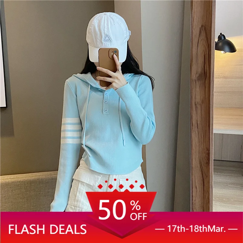 

TB slim fit knitted hooded pullover women's thin section small short top hem circular arc age-reducing college style