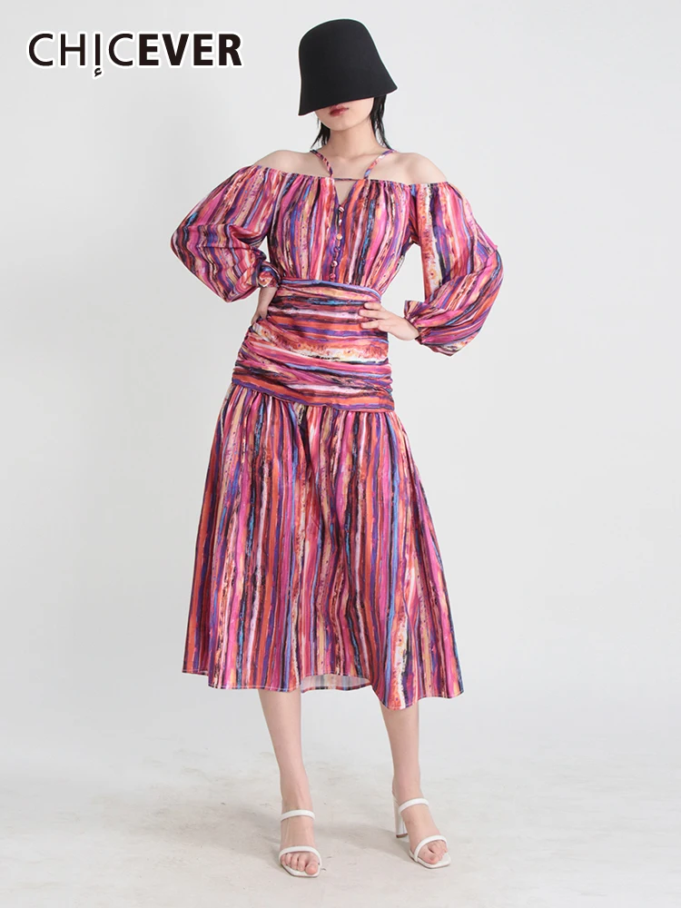 

CHICEVER, полосатые платья миди с принтом для женщин, v-образный вырез, пышные рукава, высокая талия, хит, цветное Плиссированное повседневное платье, женское летнее Новое