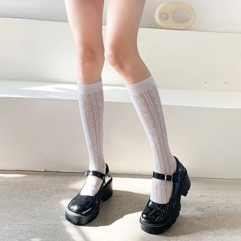 

Lolita Heart Stockings Women Jk High Knee Socks Female Thin Mesh Long Socks Leg White Stocking Dress Calcetine