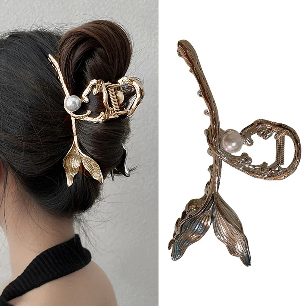 

Vintage Delicate Fishtail Pearl Hair Claw Ladies Large Metal Ponytail Hair Grab Woman Girls Hairpin Headwear Hair Accessories