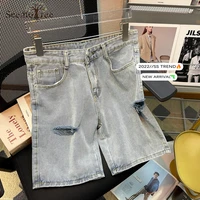2022 summer mens jeans shorts casual hole straight knee length denim pants