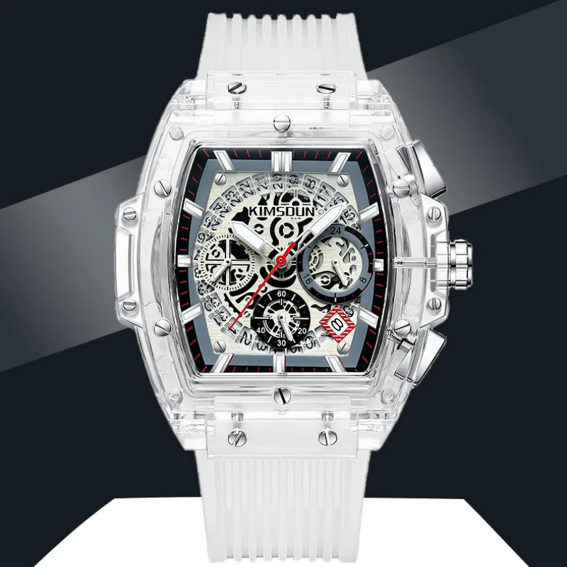 

KIMSDUN Tonneau Men Sports Watch Military Silicone Strap Clock Relogio Masculine Transparent Multifunctional Quartz Wristwatch