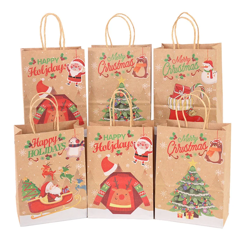 

5pcs Christmas Kraft Paper Gift Bags Santa Claus Xmas Tree Printed Candy Cookie Bag with Handles New Year Present Packing Supply