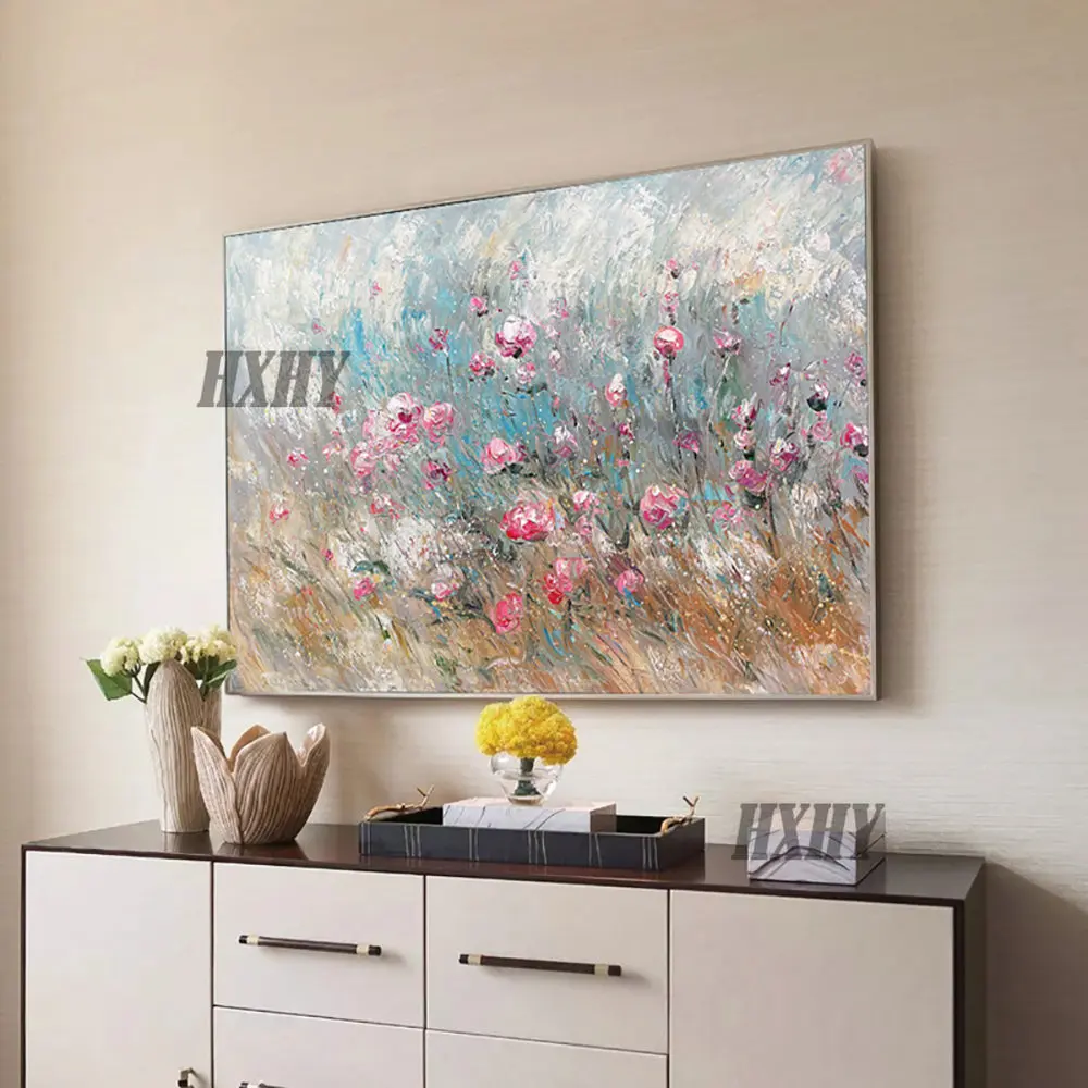 

Nordic Home Decor Hand-Painted Canvas Painting Wall Art Simple Abstract Pink Flower Painting For Living Room Decoration Bedroom