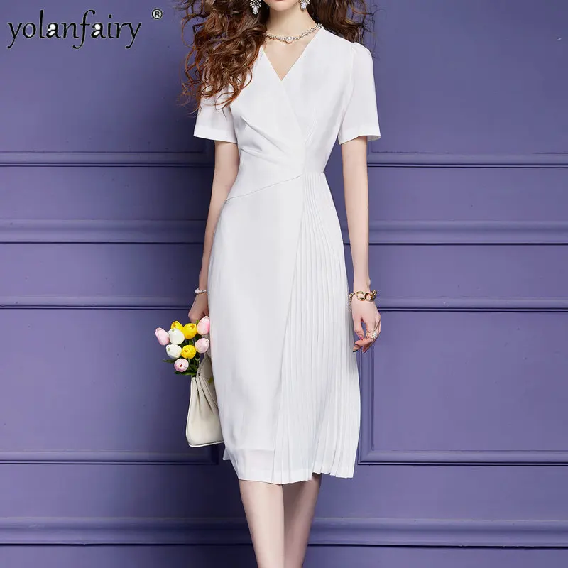 2023 White Dress Women's Dress Summer Dress Women Clothing Female High Waist Design Slim V-neck Pleated Dresses Vestidos FCY4140