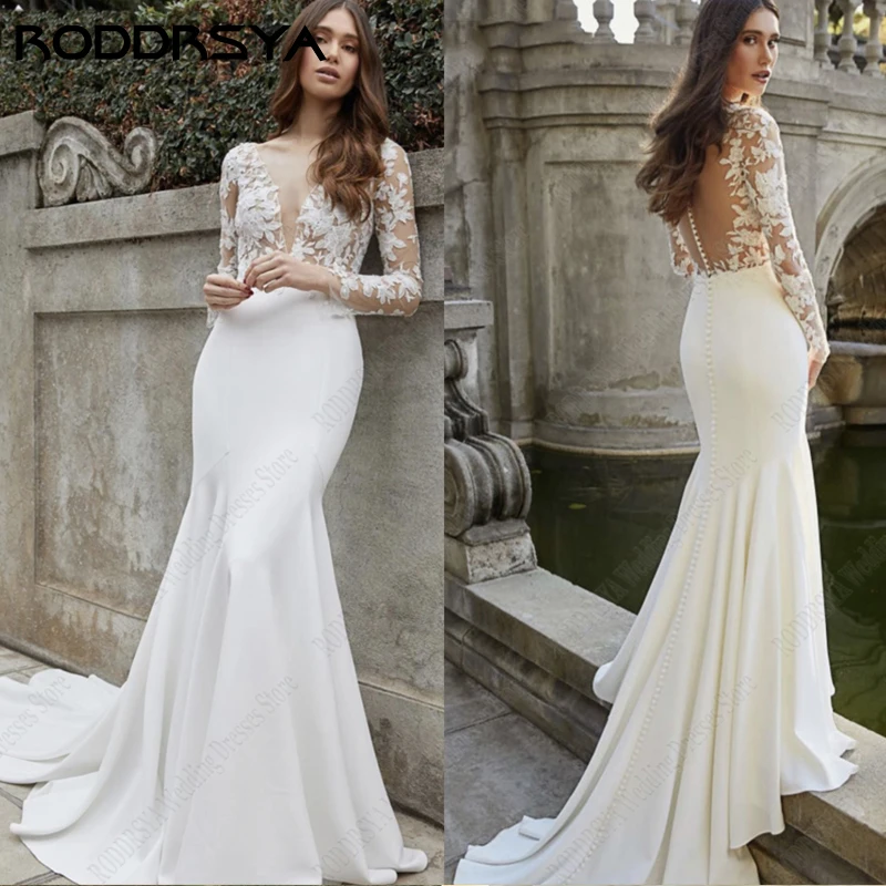 

RODDRSYA Deep V-Neck Mermaid Wedding Dresses For Women Illusion Lace Back Vestido De Novia Appliques Long Sleeve Bridal Gowns