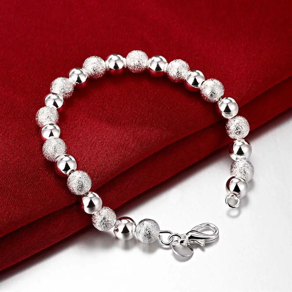 

New charm 925 Stamp Silver color Bracelet for woman man 8MM Frosted beads chain Wedding party Christmas Gifts fashion Jewelry