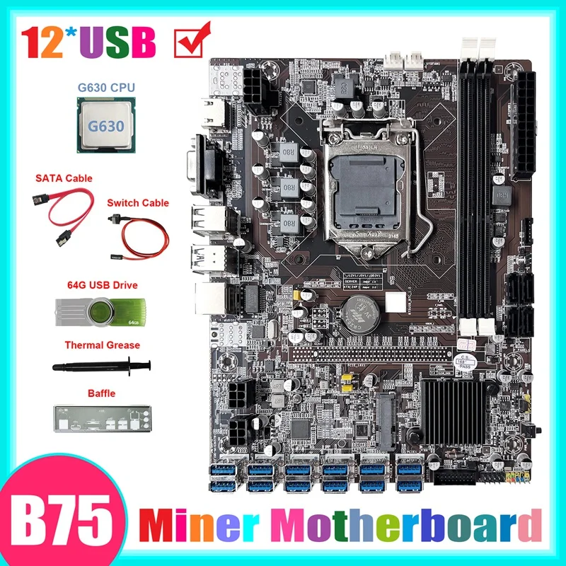 

B75 ETH Mining Motherboard 12USB3.0+G630 CPU+64G USB Driver+SATA Cable+Switch Cable+Thermal Grease+Baffle For BTC Miner