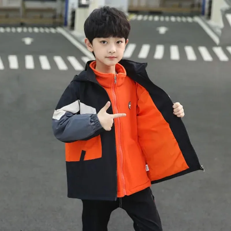 Купи Winter Polyester Jacket For Boys New 2022 Plus Velvet Thicken Detachable Two-Piece Outdoor Patchwork Casual Children's Clothing за 1,862 рублей в магазине AliExpress