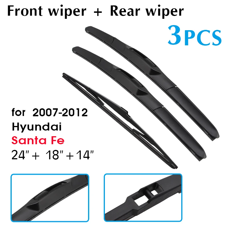 Комплект передних и задних щеток стеклоочистителя для Hyundai Santa Fe 2007 2008 2009 2010 2011 2012 Window 24" + 18" + 14".