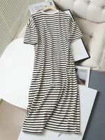 2022 summer women high quality striped print cotton midi dress side pocket short sleeve ladies sundress