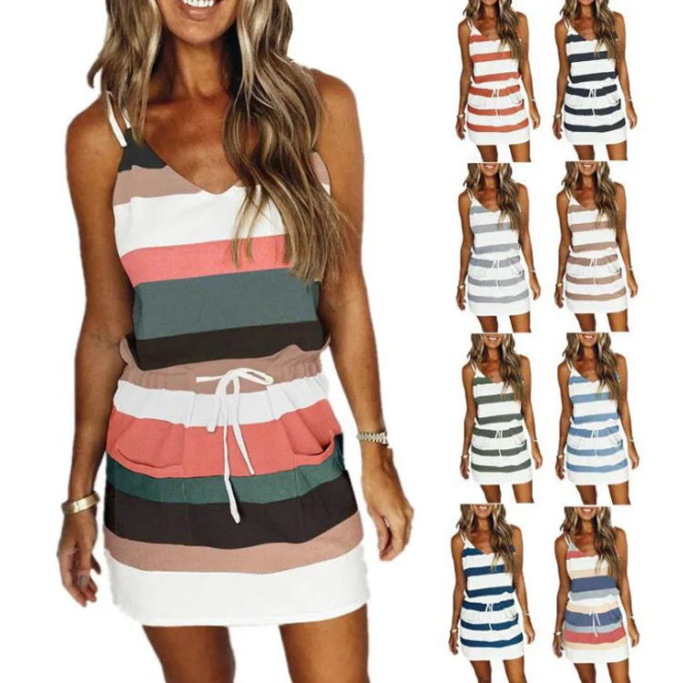 

Short skirt drawstring print suspender dress